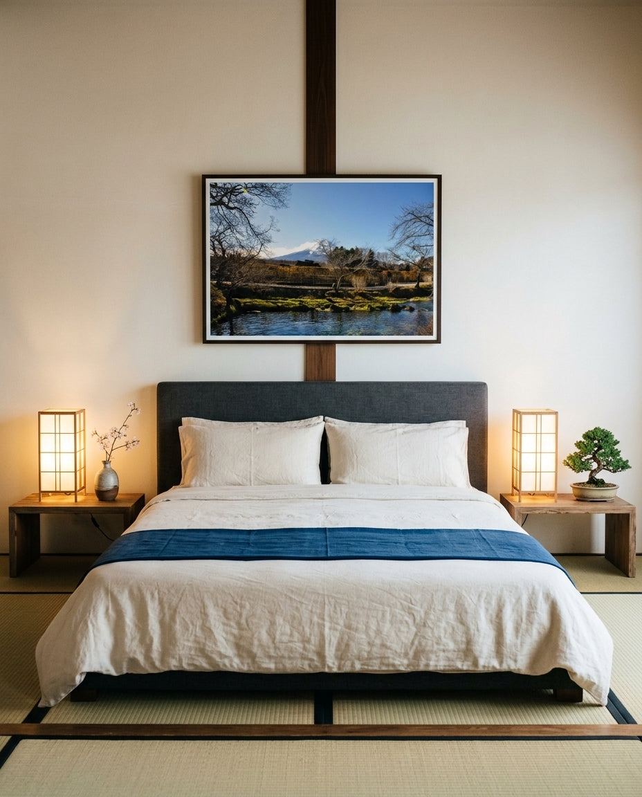 Tranquil Reflections: Mt Fuji over Oshino Hakkai Village, framed above a low platform bed in a Japanese-Australian fusion master suite — cream linen bedding, indigo throw, paper-shaded bedside lamp, dark wood frame. — Two Fat Bunnies.