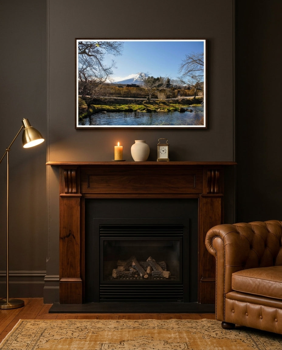 Tranquil Reflections: Mt Fuji over Oshino Hakkai Village, framed above a marble fireplace in a heritage Melbourne terrace lounge — oat linen sofa, woven rug, ceramic vessel, dark wood frame. — Two Fat Bunnies.