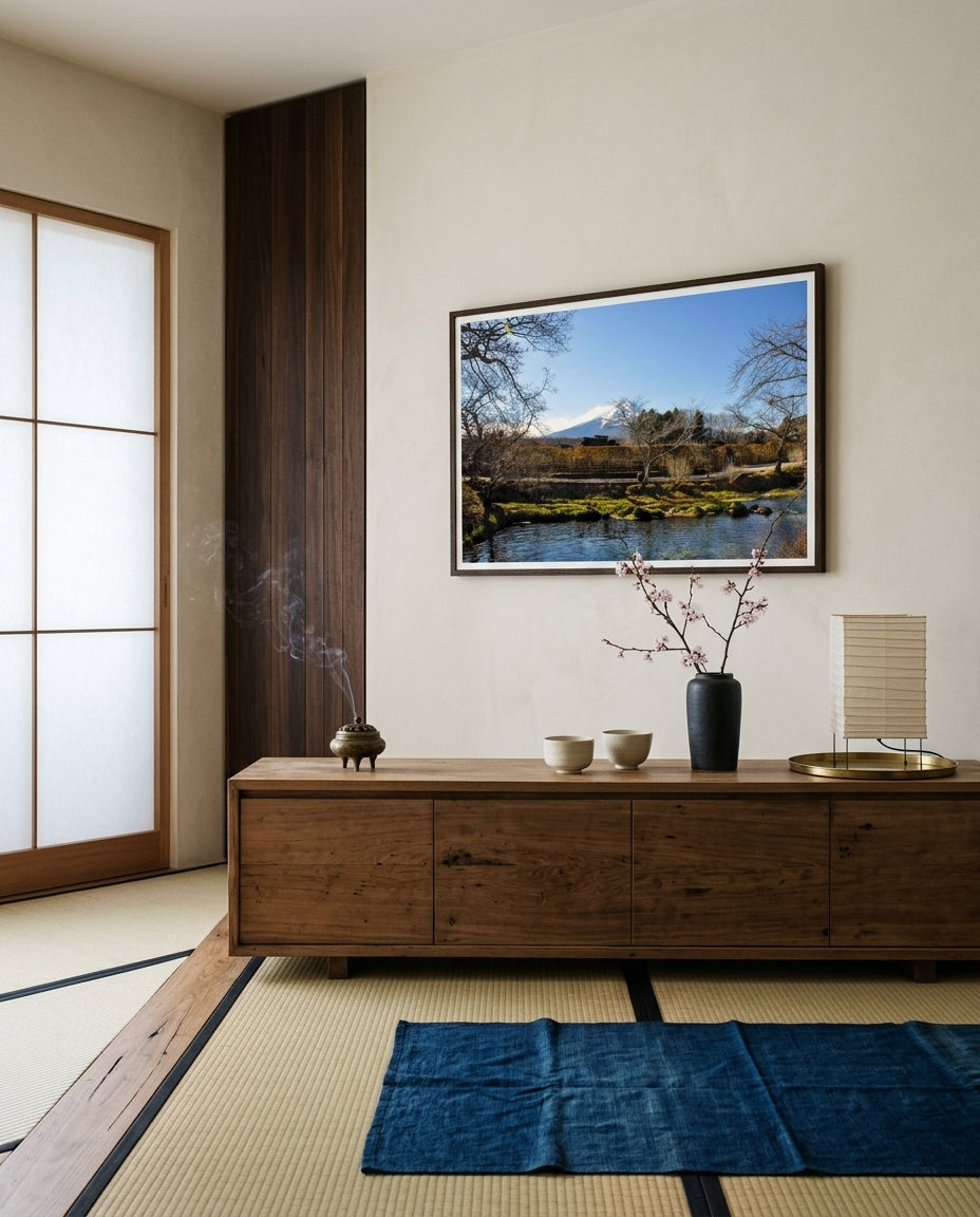 Tranquil Reflections: Mt Fuji over Oshino Hakkai Village, framed in a ryokan-inspired drawing room — tatami floor, low cedar table, paper-shaded lamp, ikebana arrangement, dark wood frame. — Two Fat Bunnies.